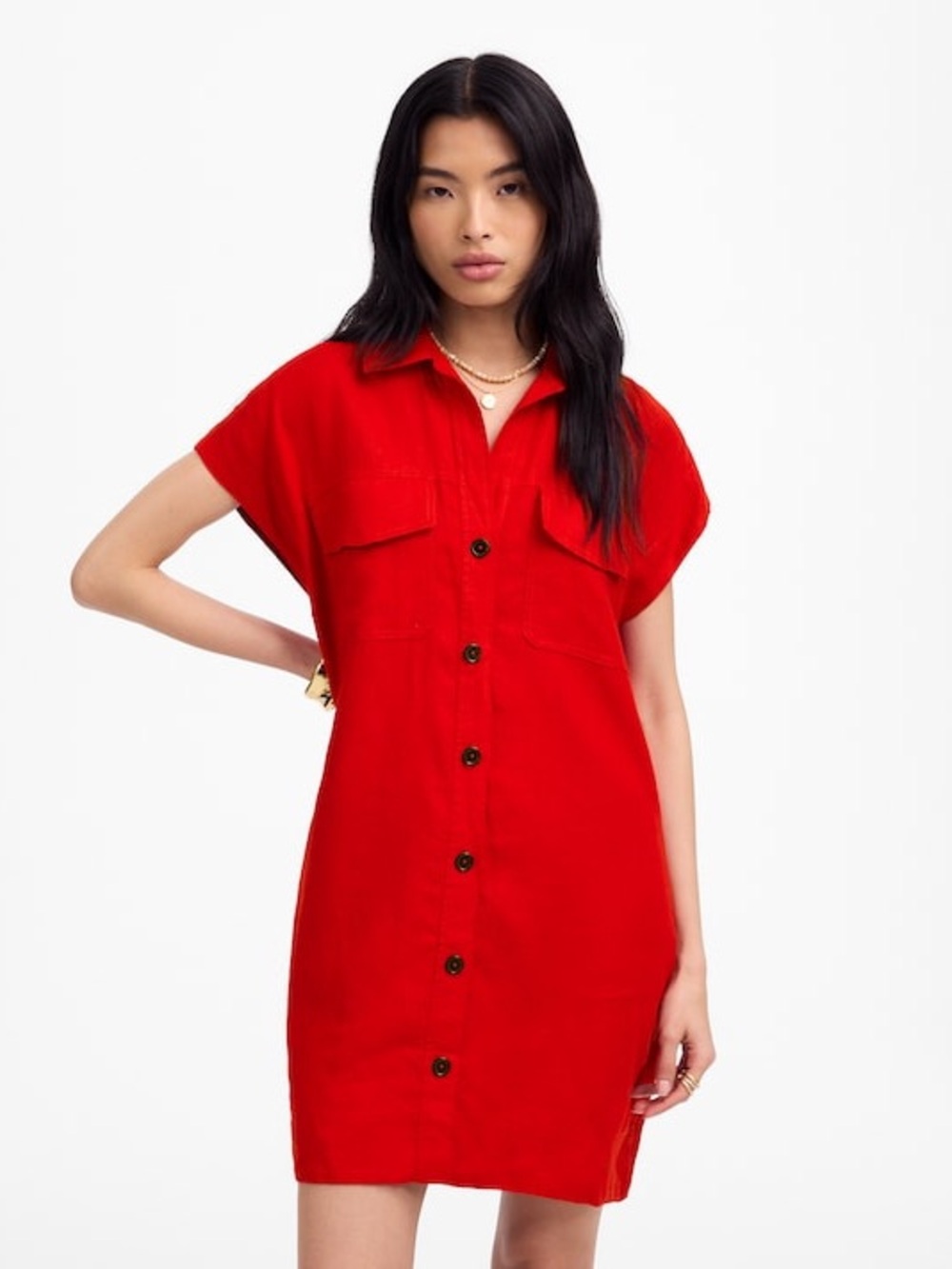 Madewell Red Linen Button-Front Mini Shirt Dress